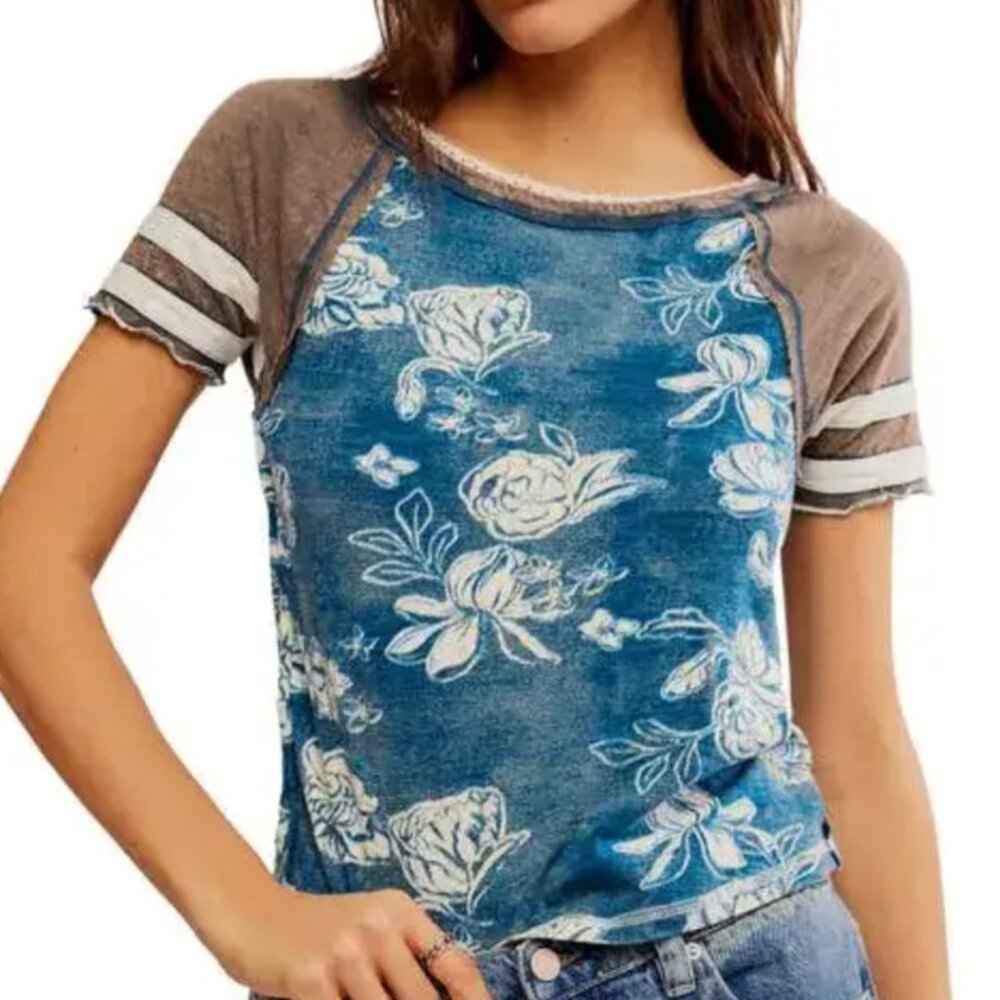 Free People Wish You Were Here Raglan Floral Tee in Blue Teal Women's XS - Picture 3 of 11